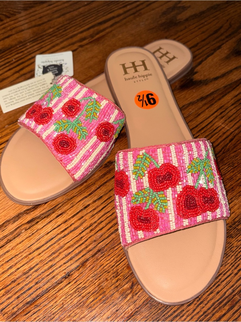 Haute Hippie Style Beaded Cherry Slide Sandals Pink Size 9.5 NWT